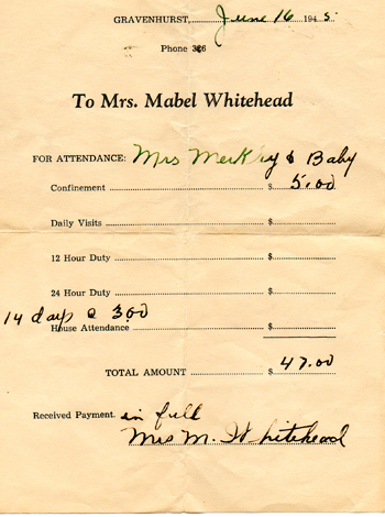 Nursing Home receipt, 1945